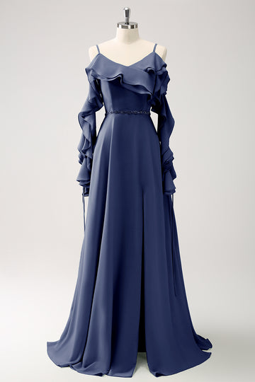 Vestido largo de dama de honor de gasa de línea A con hombros fríos verde claro con volantes